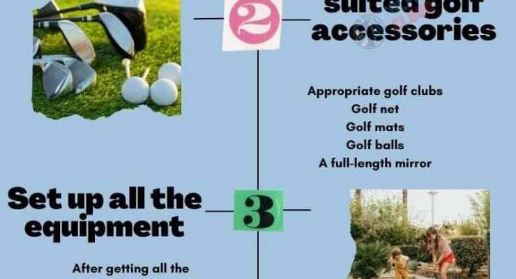 The image shows how to practice golf swing at home infographic