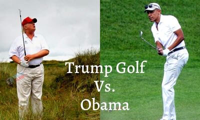 In this image you see Trump golf vs. Obama, Two former President of The USA.