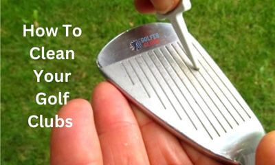 In the image, you see how to clean your golf clubs gently to keep them workable for a long time.