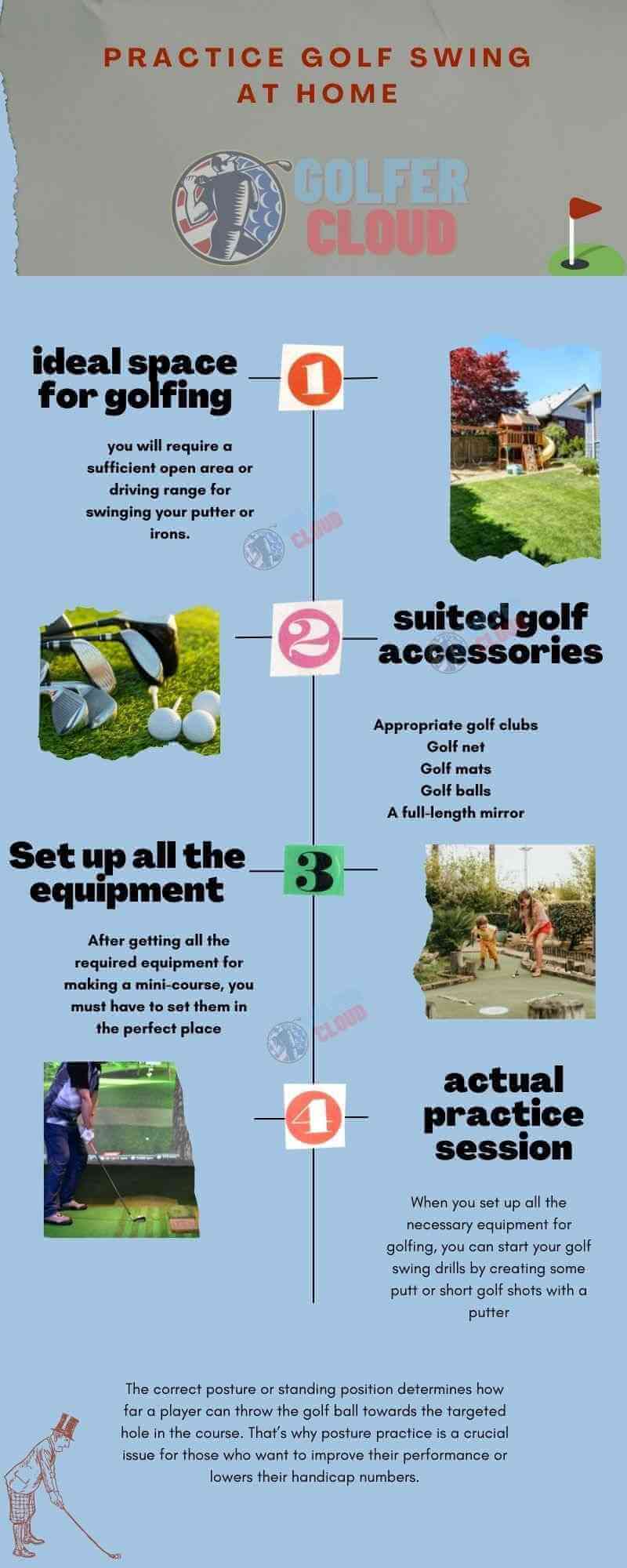 The image shows how to practice golf swing at home infographic