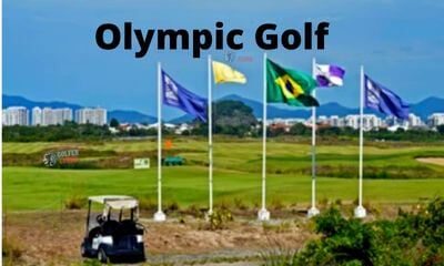 The image shows the scenario of the Olympic golf course area and the National Flags of the participating countries.